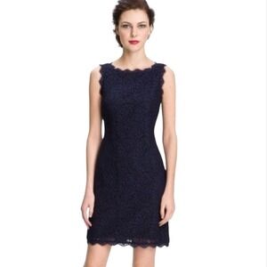 Adrianna Papell Navy Blue Floral Lace Sheath Dress Eyelash Trim SIZE 4